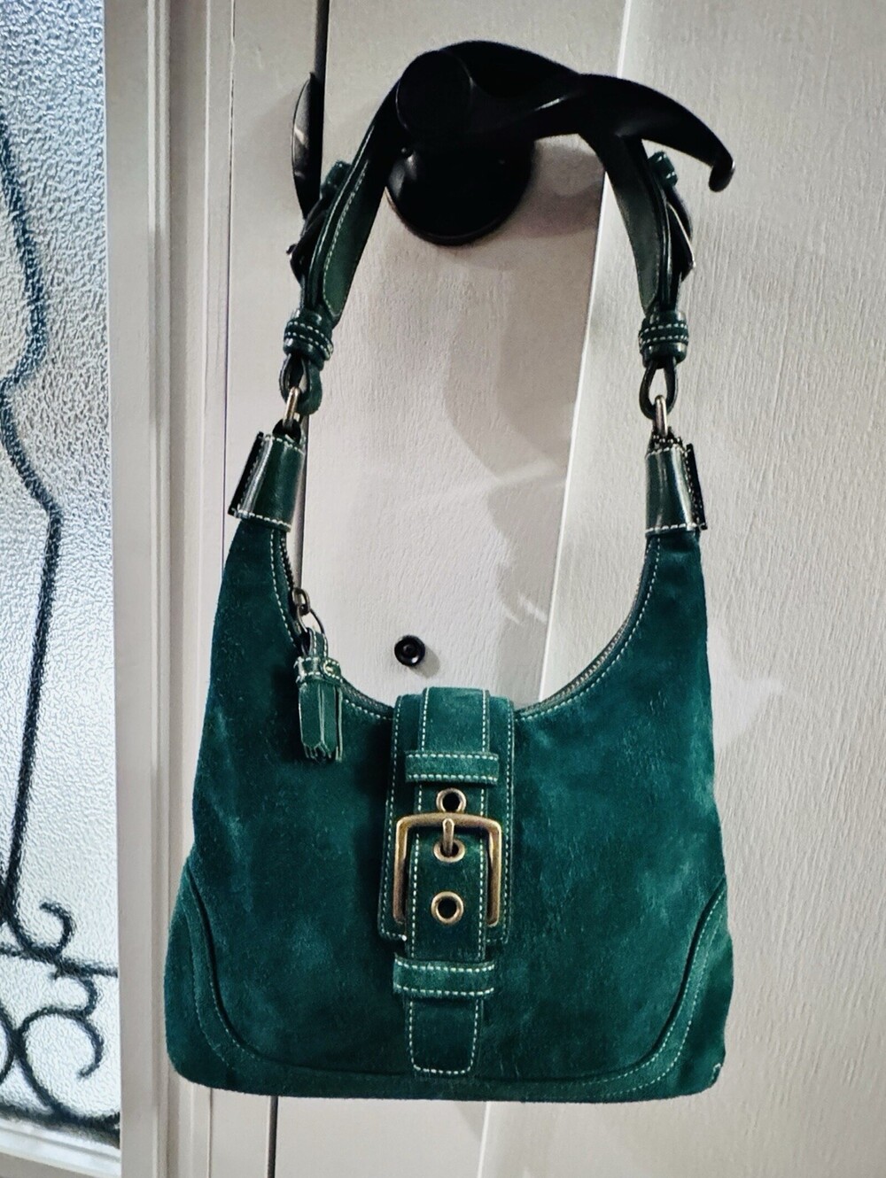 Coach 7471 Hampton Soho Teal Emerald Suede Flap Hobo Shoulder Bag